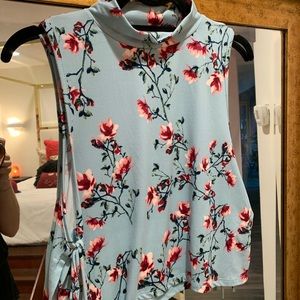 Teal Floral Turtle Neck Tank Top with Tie Side